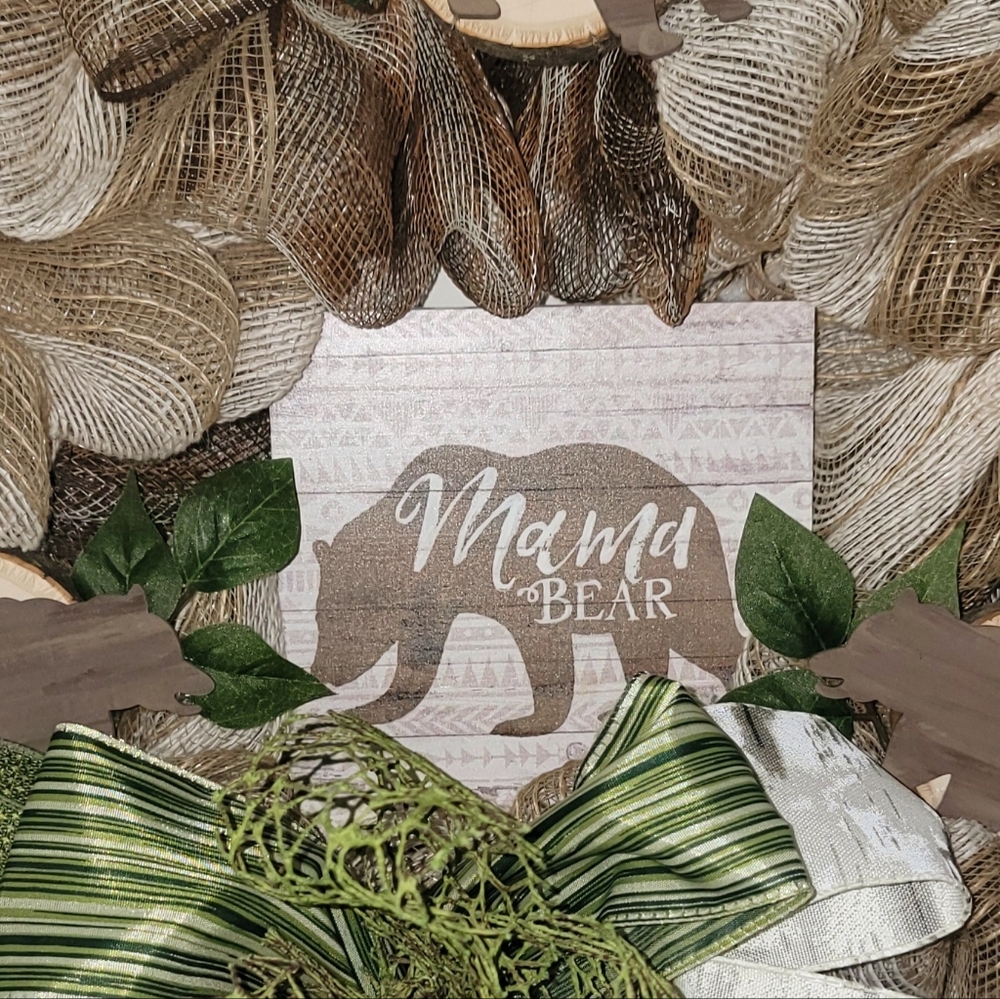 Moma Bear Wreath Jute Deco Mesh Bow Wood Cabin Country Farmhouse Mother's Day - Picture 4 of 8